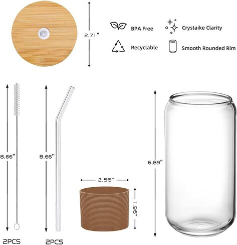 2Pack Glass Cups with Lids and Straws,Iced Coffee Cups,Beer Glass Cup,16OZ Drinking Glasses Cups for Whiskey, Soda, Tea, Juice, Glass Coffee Cups with Protective Sleeves 2 Colors,1 Brush in Saudi Arabia