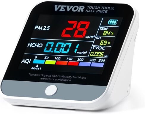 VEVOR Mini Air Quality Monitor 8-in-1, Professional PM2.5 PM10 PM1.0 Particle Counter, Formaldehyde, Temperature, Humidity, TVOC AQI Tester for Indoor/Outdoor, Air Quality Meter w/Alarm Thresholds in Saudi Arabia