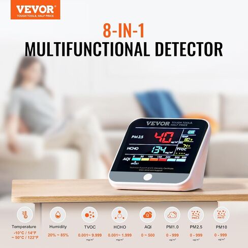 VEVOR Mini Air Quality Monitor 8-in-1, Professional PM2.5 PM10 PM1.0 Particle Counter, Formaldehyde, Temperature, Humidity, TVOC AQI Tester for Indoor/Outdoor, Air Quality Meter w/Alarm Thresholds in Saudi Arabia