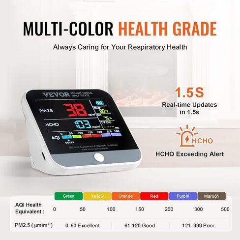 VEVOR Mini Air Quality Monitor 8-in-1, Professional PM2.5 PM10 PM1.0 Particle Counter, Formaldehyde, Temperature, Humidity, TVOC AQI Tester for Indoor/Outdoor, Air Quality Meter w/Alarm Thresholds in Saudi Arabia