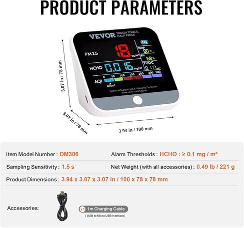 VEVOR Mini Air Quality Monitor 8-in-1, Professional PM2.5 PM10 PM1.0 Particle Counter, Formaldehyde, Temperature, Humidity, TVOC AQI Tester for Indoor/Outdoor, Air Quality Meter w/Alarm Thresholds in Saudi Arabia