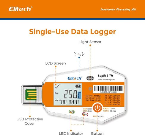 Elitech WHO PQS Certificated 10 Pack Temperature Humidity Data Logger 120Days with Light Sensor Single Use Temperature Recorder PDF Report USB Temperature Logger 16000 Points LogEt1-TH in Kuwait