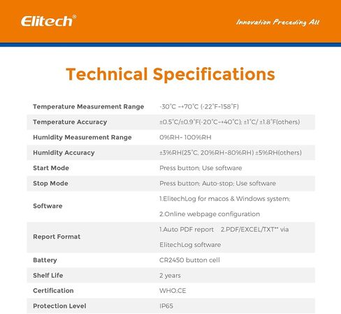 Elitech WHO PQS Certificated 10 Pack Temperature Humidity Data Logger 120Days with Light Sensor Single Use Temperature Recorder PDF Report USB Temperature Logger 16000 Points LogEt1-TH in Kuwait