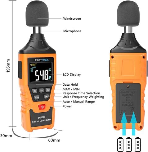 PT6708 Sound Level Meter, Digital Decibel Reader Measurement, Range 30-130 dB, Accuracy 1.5dB Noise Meter with Large LCD Screen Display, Fast and Slow Selection (Batteries Include) in Saudi Arabia