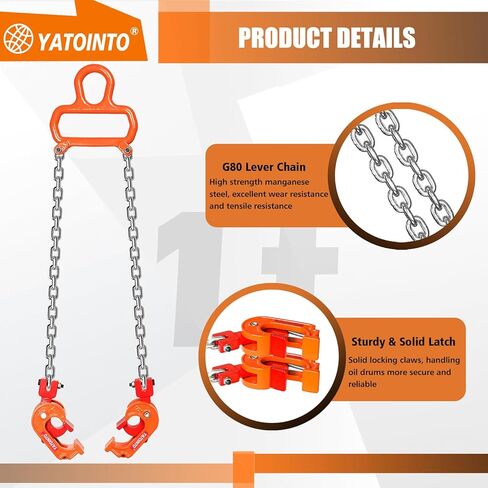 رافع طبل سلسلة محدث 2200 رطل 1 طن مع مقبض برغي تثبيت طبل رافع G80 سلسلة رفع مجلفنة خطاف ذاتي القفل للتعامل مع طبل بلاستيكي ومعدني سعة 55 جالون بواسطة رافعة شوكية أو رافعات in Kuwait