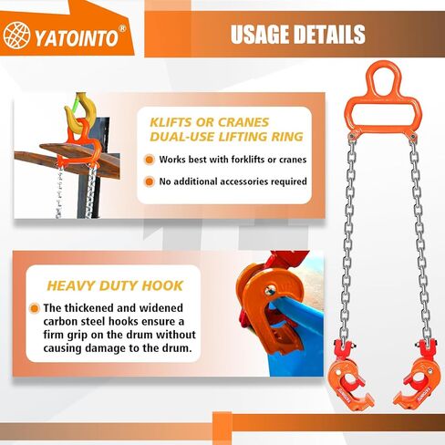 رافع طبل سلسلة محدث 2200 رطل 1 طن مع مقبض برغي تثبيت طبل رافع G80 سلسلة رفع مجلفنة خطاف ذاتي القفل للتعامل مع طبل بلاستيكي ومعدني سعة 55 جالون بواسطة رافعة شوكية أو رافعات in Kuwait