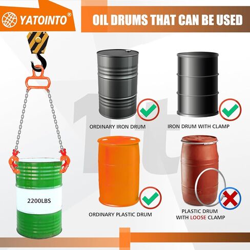 رافع طبل سلسلة محدث 2200 رطل 1 طن مع مقبض برغي تثبيت طبل رافع G80 سلسلة رفع مجلفنة خطاف ذاتي القفل للتعامل مع طبل بلاستيكي ومعدني سعة 55 جالون بواسطة رافعة شوكية أو رافعات in Kuwait