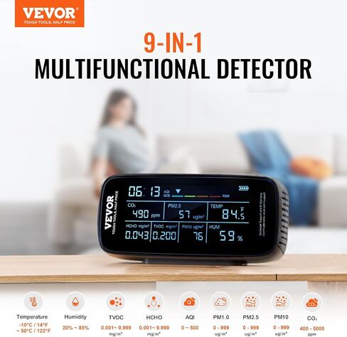 VEVOR Mini Air Quality Monitor 8-in-1, Professional PM2.5 PM10 PM1.0 Particle Counter, Formaldehyde, Temperature, Humidity, TVOC AQI Tester for Indoor/Outdoor, Air Quality Meter w/Alarm Thresholds in Saudi Arabia