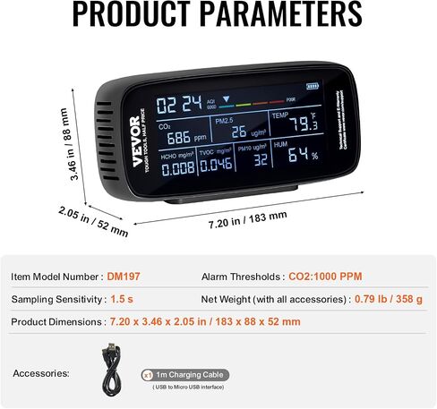 VEVOR Mini Air Quality Monitor 8-in-1, Professional PM2.5 PM10 PM1.0 Particle Counter, Formaldehyde, Temperature, Humidity, TVOC AQI Tester for Indoor/Outdoor, Air Quality Meter w/Alarm Thresholds in Saudi Arabia