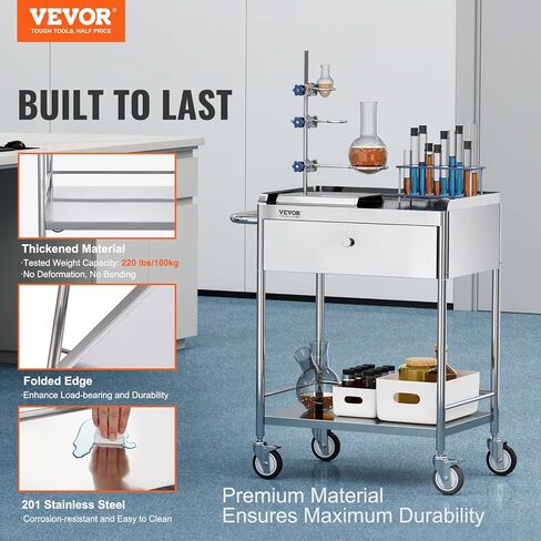 VEVOR Medical Cart, 2 Layers Stainless Steel Cart 220 lbs Weight Capacity, Lab Utility Cart with 360° Silent Wheels and a Drawer for Lab, Clinic, Kitchen, Salon, Silver in Saudi Arabia