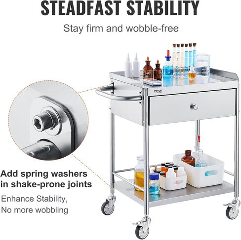 VEVOR Medical Cart, 2 Layers Stainless Steel Cart 220 lbs Weight Capacity, Lab Utility Cart with 360° Silent Wheels and a Drawer for Lab, Clinic, Kitchen, Salon, Silver in Saudi Arabia
