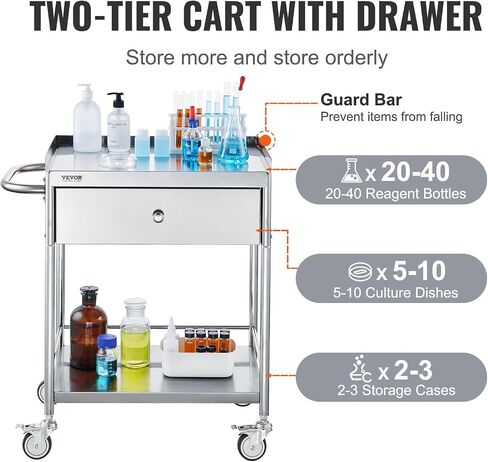 VEVOR Medical Cart, 2 Layers Stainless Steel Cart 220 lbs Weight Capacity, Lab Utility Cart with 360° Silent Wheels and a Drawer for Lab, Clinic, Kitchen, Salon, Silver in Saudi Arabia