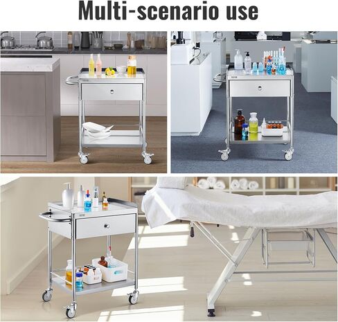 VEVOR Medical Cart, 2 Layers Stainless Steel Cart 220 lbs Weight Capacity, Lab Utility Cart with 360° Silent Wheels and a Drawer for Lab, Clinic, Kitchen, Salon, Silver in Saudi Arabia
