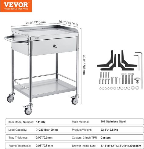VEVOR Medical Cart, 2 Layers Stainless Steel Cart 220 lbs Weight Capacity, Lab Utility Cart with 360° Silent Wheels and a Drawer for Lab, Clinic, Kitchen, Salon, Silver in Saudi Arabia