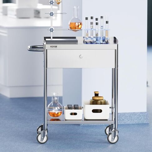 VEVOR Medical Cart, 2 Layers Stainless Steel Cart 220 lbs Weight Capacity, Lab Utility Cart with 360° Silent Wheels and a Drawer for Lab, Clinic, Kitchen, Salon, Silver in Saudi Arabia