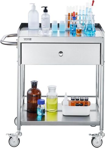 VEVOR Medical Cart, 2 Layers Stainless Steel Cart 220 lbs Weight Capacity, Lab Utility Cart with 360° Silent Wheels and a Drawer for Lab, Clinic, Kitchen, Salon, Silver in Saudi Arabia