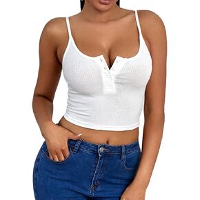 SHENHE Women's Ribbed Knit Half Button Up Spaghetti Strap Sexy Crop Cami Henley Top