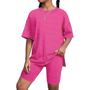 Tomolant Girls Clothes, Summer Clothes Crewneck Oversized Ribbed Knitted Slit Slouchy T-Shirt Top + Biker Shorts 2Pcs Set