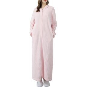 Locachy Womens Soft Warm Flannel Fleece Zipper Front Robe Hooded Long Bathrobe Nightgown Sleepwear