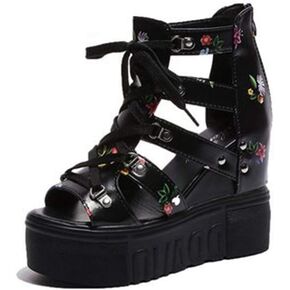 MIOKE Womens Floral Wedge Platform Sandals Gladiator Peep Toe Chunky High Hidden Heel Zipper Caged Bootie