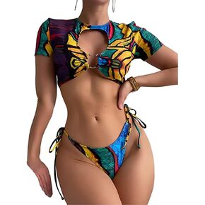 OYOANGLE Women's 2 Piece Swimsuit Graffiti Print Cut Out Ring Linked Bikini Set Tie Side Bathing Suit