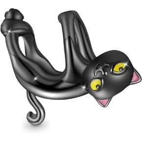 GNOCE Lazy Black Cat Charm Bead 925 Sterling Silver Jewelry Gift For Women Girls Wife Daughter Fit Snake Chain Bracelets/Necklace