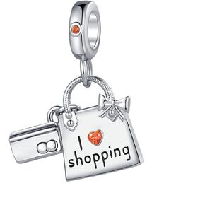 Shopping Bag with Credit Card Charm I Love Shopping Jewelry Compatible with Pandora Charms Bracelets