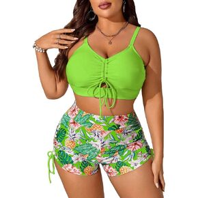 Floerns Women's Plus Size Floral Print High Waist Swim Shorts Bikini Swimsuit with Drawstring