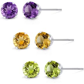 Gem Stone King Set of 3 Round 4MM Amethyst, Citrine and Peridot Stud Earrings For Women in 925 Sterling Silver