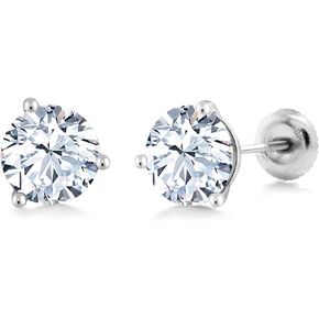 Gem Stone King 18K White Gold White Created Sapphire 3-Prong Martini Stud Earrings For Women (2.00 Cttw Round 6MM)