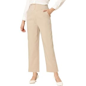 Allegra K Elegant Business Pants for Women's Elastic Waist Button Decor Straight Leg Work Trousers