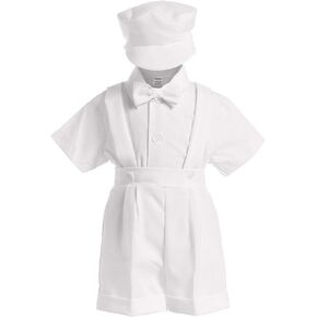 4-Piece Christening Baptism Suspender Short Set - Black or White Cap Bowtie