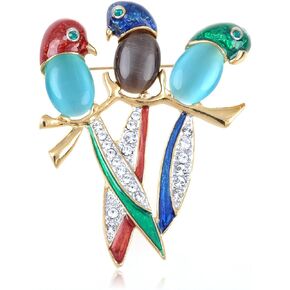 Alilang Crystal Perched Trio of Colorful Parakeets Bird Pin Brooch