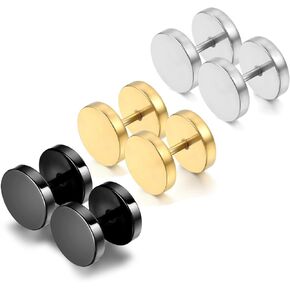 Cupimatch 3Pairs 3mm-12mm Screw Stud Earrings Mens Stainless Steel Cheater Fake Ear Plugs Gauges Illusion Tunnel, Black/Silver/Gold