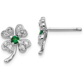 Solid 925 Sterling Silver Glass Simulated Emerald CZ Cubic Zirconia 4-leaf Clover Post Studs Earrings - 11mm x 9mm in Saudi Arabia