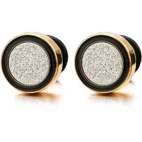 8-12MM Men Women Gold Black Stud Earring Steel Illusion Tunnel Plug with Silver Sand Glitter, 2pcs