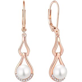BELRYO Infinity Pearl Earrings for Women 925 Sterling Silver Leverback Dangle Drop Earrings with 8MM Freshwater Pearl Cubic Zirconia Earrings Christmas Jewelry White/Yellow