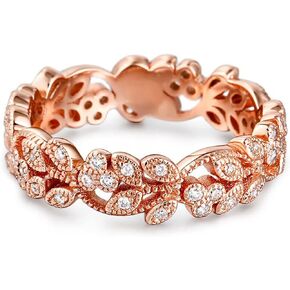 Jeulia Diamond Floral Ring Wedding Band: Sterling Silver Two Tone Leaf Carved Vintage Unique Hollow Flower Rose Gold Jewelry Engagement Bridal Sets Stackable Promise with Gift Box
