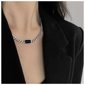Bohemian Black Crystal Pendant Necklace Silver Curb Chain Necklace Black Square Choker Necklace Cz Chunky Link Chain Necklace Jewelry for Women and Girls Gifts