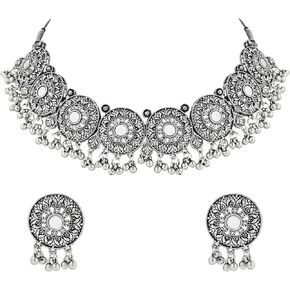 I Jewels Antique Silver Oxidized Ethnic Indian Wedding Bollywood Afghani Choker Necklace Jewellery With Earrings Set for Women (MC140-5OX)