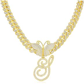 TOBENY Butterfly Gold Initial Necklace Cuban Link Chain for Women Miami Iced Out Chain A-Z Alphabet Initial Cuban Butterfly Choker Necklace Bling Diamond Choker Necklace Hip Hop Jewelry for Women