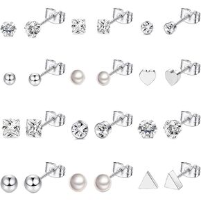 LOYALLOOK 12 Pairs Stainless Steel Earrings Stud Earrings Set for Womens Round Clear CZ Stud