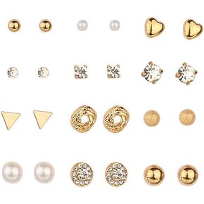Crystal Pearl Stud Earrings Pack Bride Earring Sets for Women Rhinestone Geometric Heart Earrings Ear Studs Set Gold Earrings for Wedding Birthday Christmas Gift