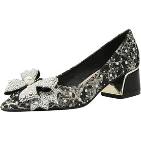 Gladtbser Women's Rhinestone Bow Satin Pumps Fashion Pearl Pointed Toe Chunky Heel Shoes Slip On Wedding Dress Shoes for Party Office Wedding Evening