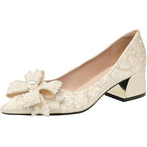 Gladtbser Women's Rhinestone Bow Satin Pumps Fashion Pearl Pointed Toe Chunky Heel Shoes Slip On Wedding Dress Shoes for Party Office Wedding Evening