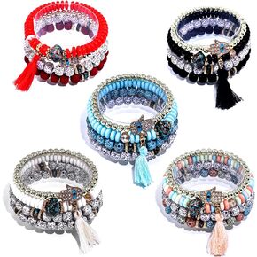 ASPENLUS Beaded Bracelet 5 Packs Bohemian Stackable Jewelry Sets For Women Multicolor Stretch Chain Tassel Waist Beads Charm Bracelets