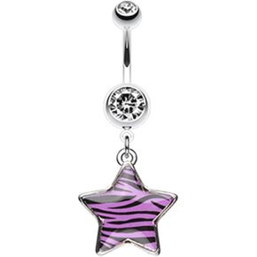 Pierced Owl 14GA Stainless Steel CZ Crystal Zebra Star Dangling Belly Button Ring
