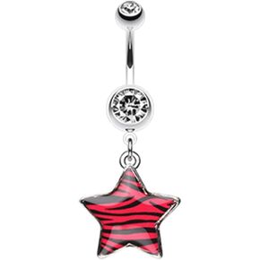 Pierced Owl 14GA Stainless Steel CZ Crystal Zebra Star Dangling Belly Button Ring