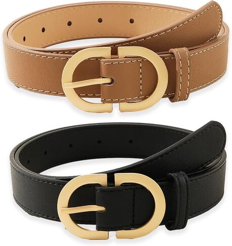 حزام خصر من الجلد مع ابزيم ذهبي للنساء من اوويد، مناسب للارتداء اليومي والجينز والفساتين والبنطلونات، قطعتين in Kuwait
