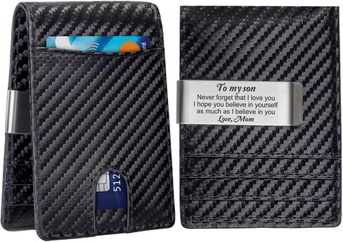 Personalized Mens Wallet for Son from Mom Gift Engraved Leather Slim Wallet Bifold with Money Clip Son Gift Birthday Christmas Graduation Gifts for My Son RFID Blocking Card Holder in Kuwait